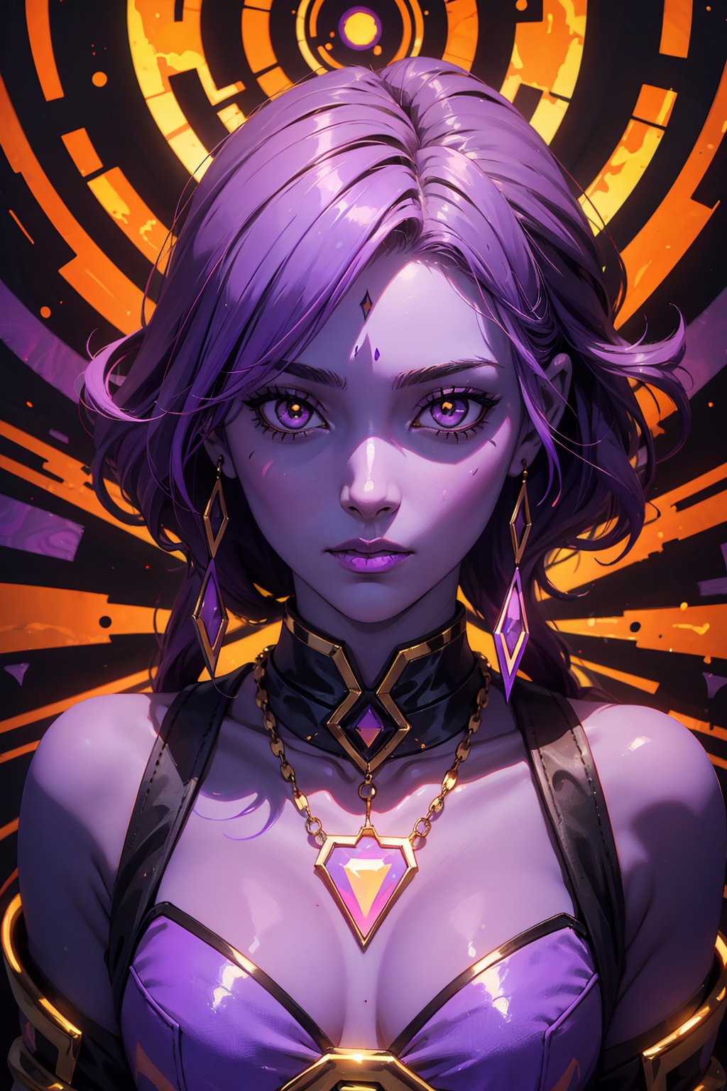 1girl, solo, krolia, oil painting, impasto, looking at viewer, a beautiiful alien woman, 34 years old, short purple and pink hair, yellow eyes, ((purple skin)), tribal necklace. she wears a black armor with orange elements. ((psychedelic full_color background)), masterpiece, nijistyle, niji, ,sciamano240, soft shading, fantasy,1girl, Krolia