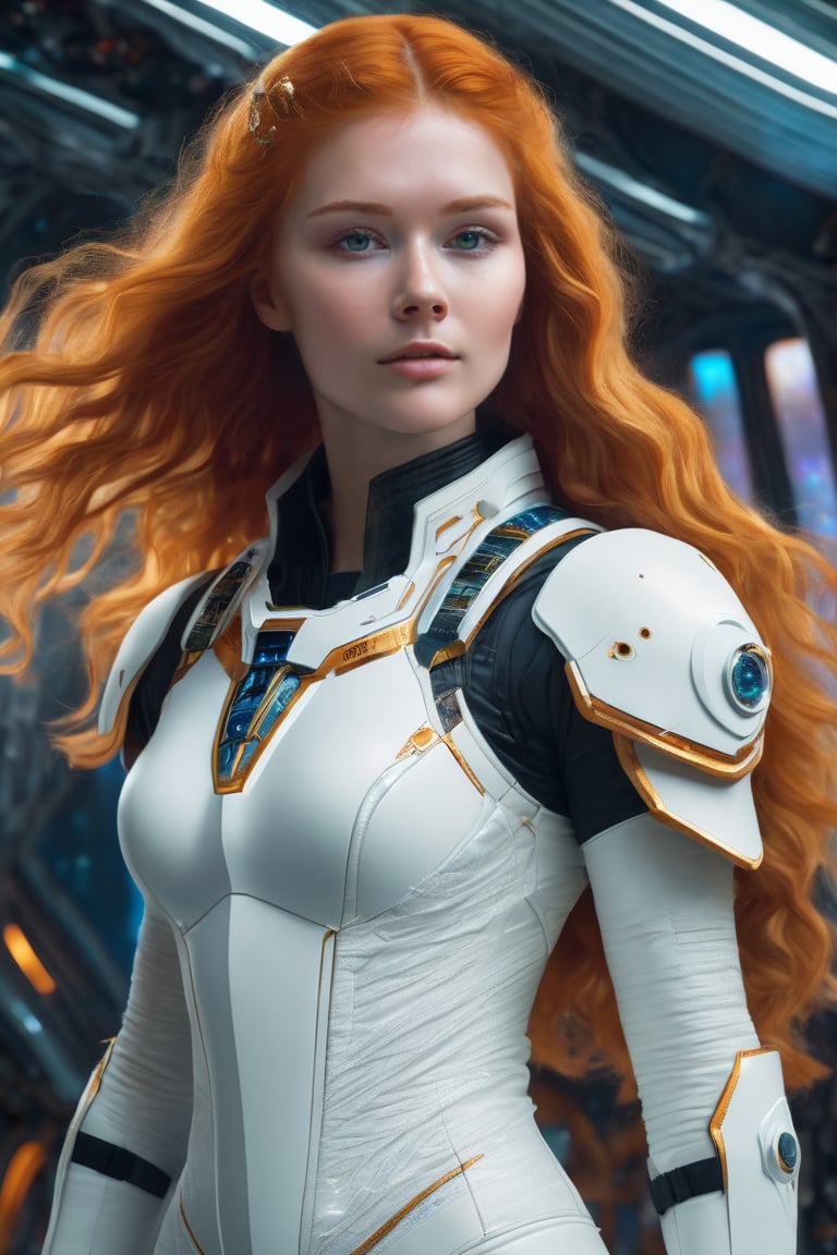 style of Victor Nizovtsev, head portrait ohwx woman, wavy orange hair, white tight outfit, portrait, space shit deck, centered, in frame, concept art, digital illustration, matte, sharp focus, smooth, intrincate