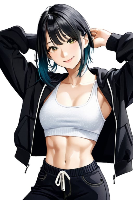 4k,best quality,masterpiece,20yo 1girl,(cropped sweatshirt),(demin pant), alluring smile, open hoodie, (Beautiful and detailed eyes), Detailed face, detailed eyes, double eyelids ,thin face, real hands, muscular fit body, semi visible abs, ((short hair with long locks:1.2)), black hair, black background, real person, color splash style photo,