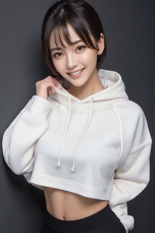 4k,best quality,masterpiece,20yo 1girl,(cropped sweatshirt),(demin pant), alluring smile, open hoodie, (Beautiful and detailed eyes), Detailed face, detailed eyes, double eyelids ,thin face, real hands, muscular fit body, semi visible abs, ((short hair with long locks:1.2)), black hair, black background, real person, color splash style photo,