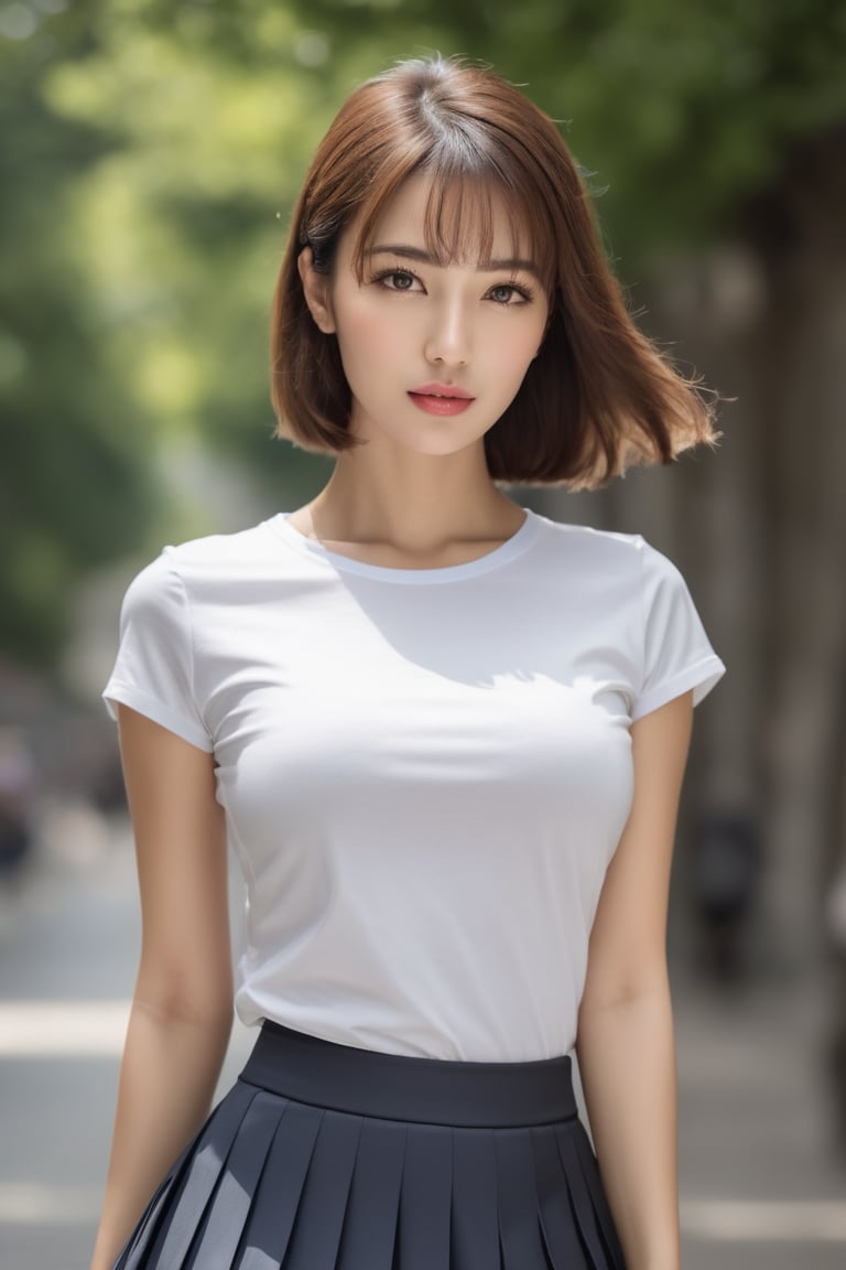 very high quality image, extreme details of realism, ultra definition, 16k UHD, beautiful girl, short pleated skirt, a tight t-shirt