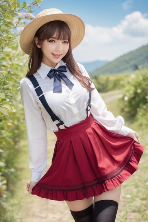 1girl, solo, long hair, breasts, looking at viewer, blush, smile, open mouth, bangs, skirt, large breasts, brown hair, shirt, hair ornament, red eyes, thighhighs, long sleeves, hat, bow, ribbon, holding, very long hair, standing, white shirt, flower, :d, sidelocks, thighs, cowboy shot, pleated skirt, outdoors, frills, sky, day, collared shirt, black thighhighs, cloud, bag, tree, blue sky, zettai ryouiki, hand on hip, dress shirt, neck ribbon, buttons, red skirt, garter straps, suspenders, frilled skirt, sun hat, high-waist skirt, straw hat, hat flower, suspender skirt, button gap,pastelbg