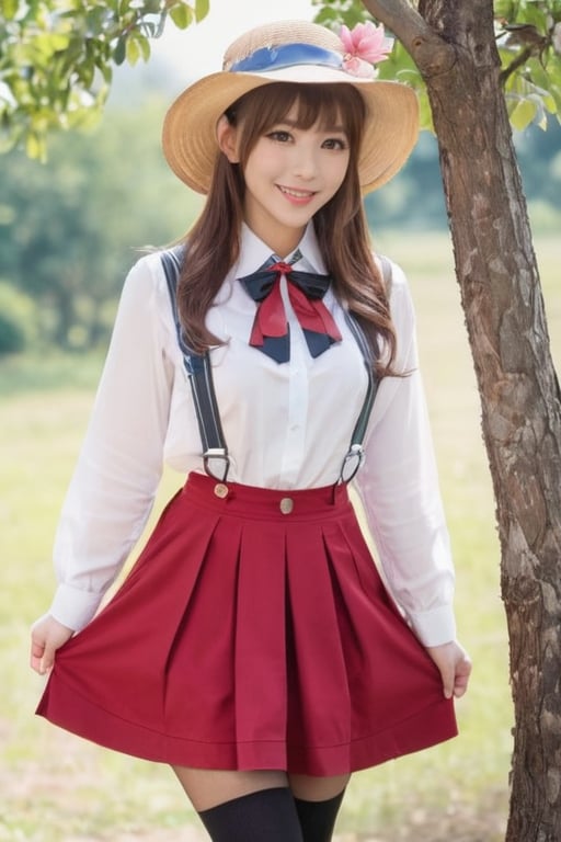 1girl, solo, long hair, breasts, looking at viewer, blush, smile, open mouth, bangs, skirt, large breasts, brown hair, shirt, hair ornament, red eyes, thighhighs, long sleeves, hat, bow, ribbon, holding, very long hair, standing, white shirt, flower, :d, sidelocks, thighs, cowboy shot, pleated skirt, outdoors, frills, sky, day, collared shirt, black thighhighs, cloud, bag, tree, blue sky, zettai ryouiki, hand on hip, dress shirt, neck ribbon, buttons, red skirt, garter straps, suspenders, frilled skirt, sun hat, high-waist skirt, straw hat, hat flower, suspender skirt, button gap,pastelbg