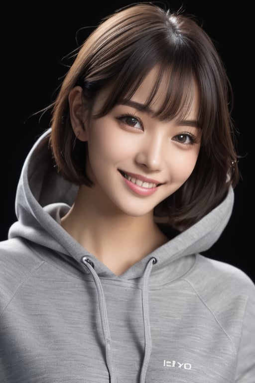 4k,best quality,masterpiece,20yo 1girl,(cropped sweatshirt),(demin pant), alluring smile, open hoodie, (Beautiful and detailed eyes), Detailed face, detailed eyes, double eyelids ,thin face, real hands, muscular fit body, semi visible abs, ((short hair with long locks:1.2)), black hair, black background, real person, color splash style photo,