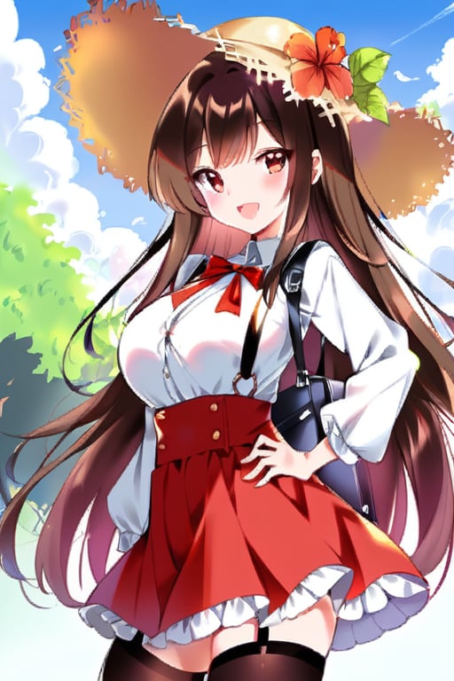 1girl, solo, long hair, breasts, looking at viewer, blush, smile, open mouth, bangs, skirt, large breasts, brown hair, shirt, hair ornament, red eyes, thighhighs, long sleeves, hat, bow, ribbon, holding, very long hair, standing, white shirt, flower, :d, sidelocks, thighs, cowboy shot, pleated skirt, outdoors, frills, sky, day, collared shirt, black thighhighs, cloud, bag, tree, blue sky, zettai ryouiki, hand on hip, dress shirt, neck ribbon, buttons, red skirt, garter straps, suspenders, frilled skirt, sun hat, high-waist skirt, straw hat, hat flower, suspender skirt, button gap,pastelbg