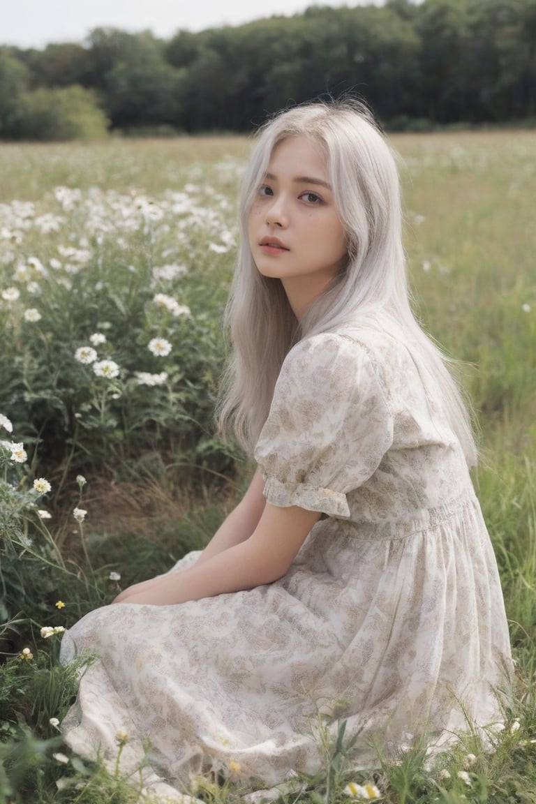 dal, photo, 
1girl, solo, teenager, profile, looking front, Side mirror view, peacock eyes, white smoke hair,  ,  , absurdly long,  ,  , Faded patterns on a dress,  ,  ,  , irritating_face, crying_face,, {Sitting with one knee bent looking thoughtful|Crouching in a field of wildflowers hands outstretched looking like a part of nature., detailed background, powerplant,  , Sepia,,
masterpiece, best quality,very aesthetic, absurdres, k-pop,