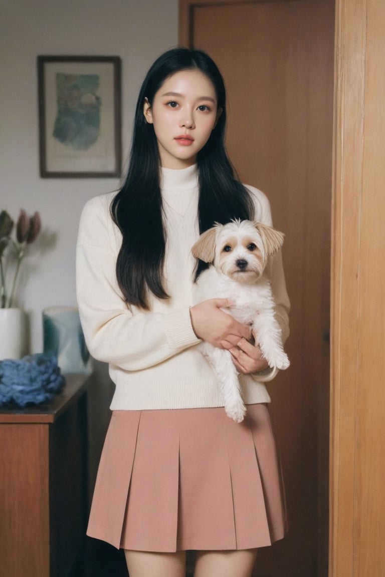 dal, photo, 
 1girl, long hair, looking at viewer, skirt, black hair, long sleeves, holding, standing, indoors, sweater, lips, animal, bug, butterfly, dog, realistic, holding animal,
masterpiece, best quality,very aesthetic, absurdres, kpop,