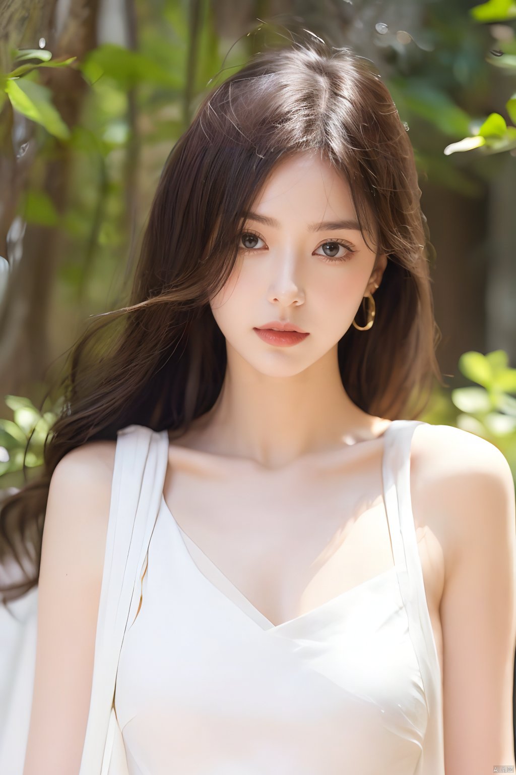  Best quality, masterpiece, ultra high res, Outdoor,(photorealistic:1.4), a girl,Depth of field, soft shadows, hazy glow, painterly effect,A clear face,Black hair, long hair, straight hair, white clothes,Amazing beauty,collarbone, slender waist，Sling dresses, sleeveless, tight clothes,