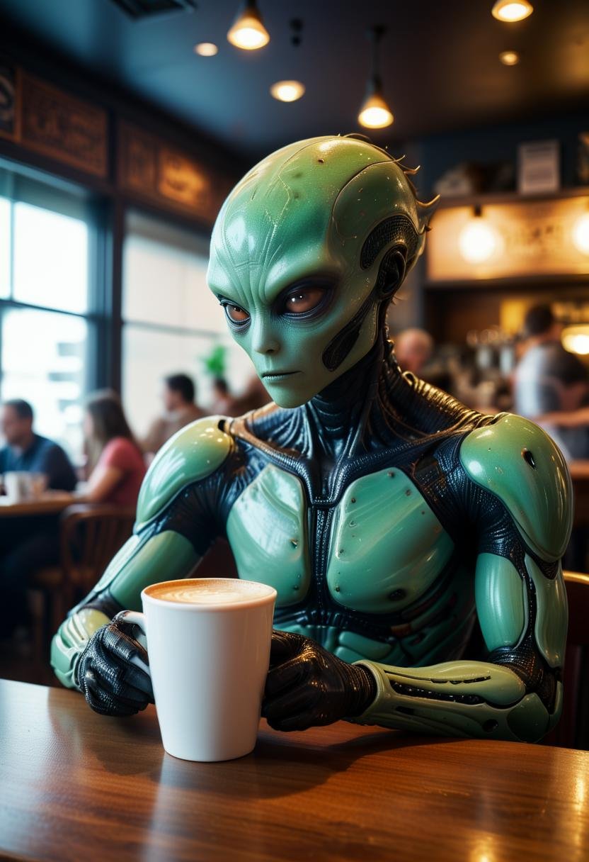cinematic film still Alien sitting in the cafe thinking of life and drinking coffee,  RAW photo, on Tensor.Art