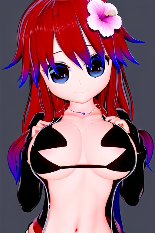 Azami Tadaki, a cute girl with red hair and big anime eyes, in her sleepwear, bikini, open jacket, 1 girl, red hair, blue eyes, long hair, cleavage, jewelry, necklace, smile