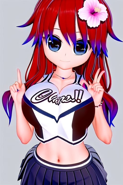 Azami Tadaki, a cute girl with red hair and big anime eyes, wearing her cheerleader uniform, 1 girl, red hair, blue eyes, long hair, cleavage, jewelry, necklace, smile