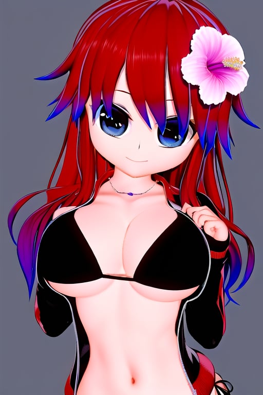 Azami Tadaki, a cute girl with red hair and big anime eyes, in her sleepwear, bikini, open jacket, 1 girl, red hair, blue eyes, long hair, cleavage, jewelry, necklace, smile