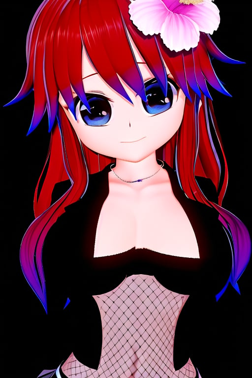 Azami Tadaki, a cute girl with hair color of red and big anime eyes  wearing a mesh top, a black miniskirt, and an open black short jacket. She also wears a blouse with a square neckline, 1girl, red hair, blue eyes,  long hair, cleavage, jewelry, necklace, smile, hair flower