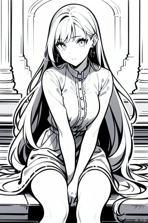 1girl, solo, long hair, earrings, sitting, looking at audience, hands between legs, very long hair,lineart