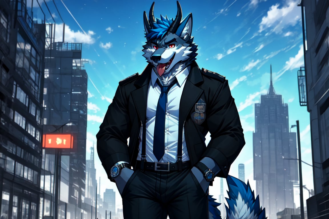 looking at viewer, open mouth, shirt, red eyes, 1boy, animal ears, blue hair, standing, jacket, tail, white shirt, weapon, male focus, cowboy shot, outdoors, open clothes, necktie, horns, tongue, collared shirt, belt, pants, tongue out, bracelet, open jacket, black jacket, gun, fangs, black pants, formal, sunglasses, suspenders, suit, building, black necktie, furry, handgun, watch, city, hands in pockets, wristwatch, cityscape, holster, furry male, skyscraper, black suit, wolf boy,wolf