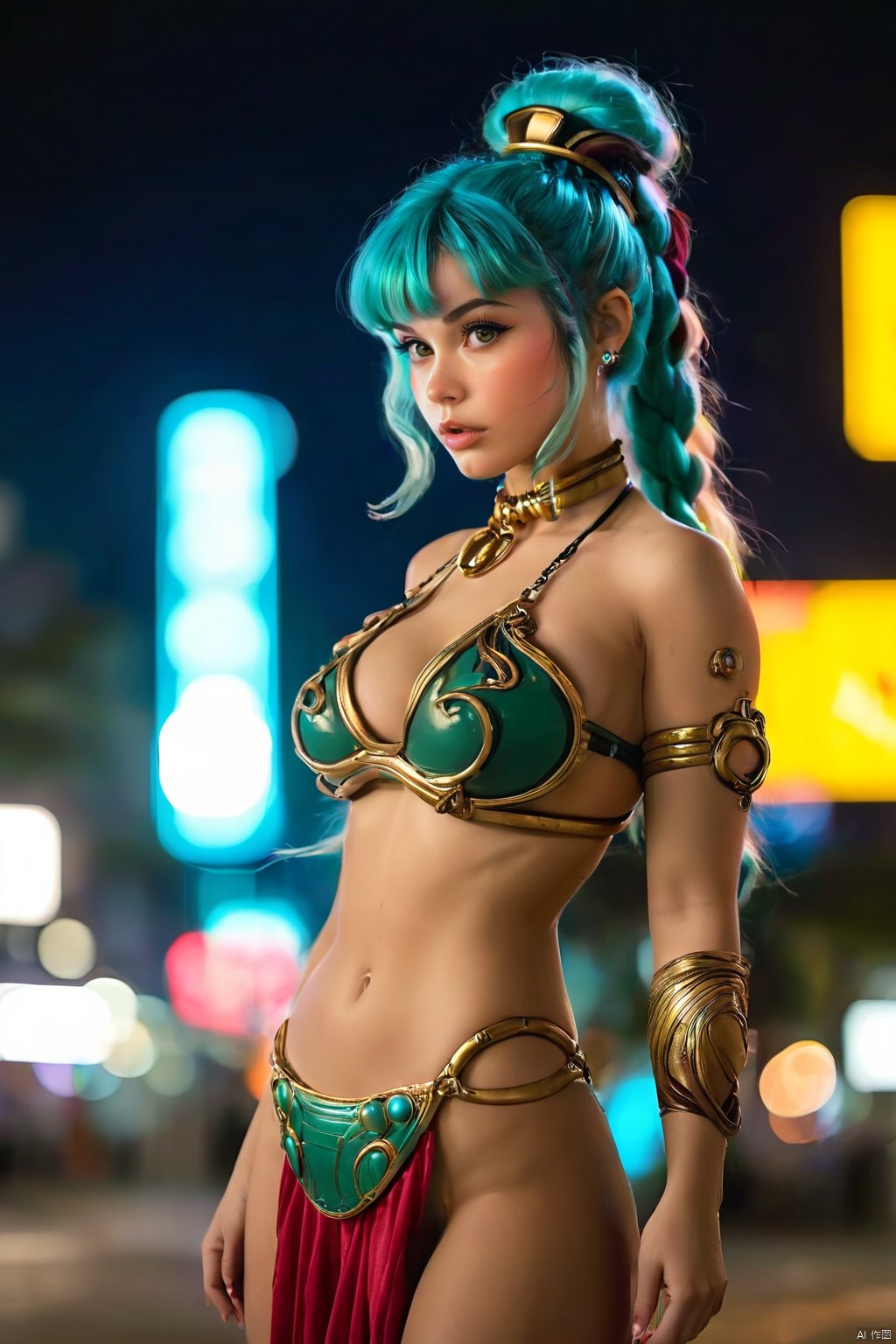 (upper body:1.2), score_9, score_8_up, score_7_up, full colored, beautiful, female, nsfw, bulma from dragon ball woman wearing a slave leia bikini, braid, cleavage, hands on hips, blush, teasing, downtown at night, bokeh, toriyama akira \(style\),  , Wear a slavekini leia outfit