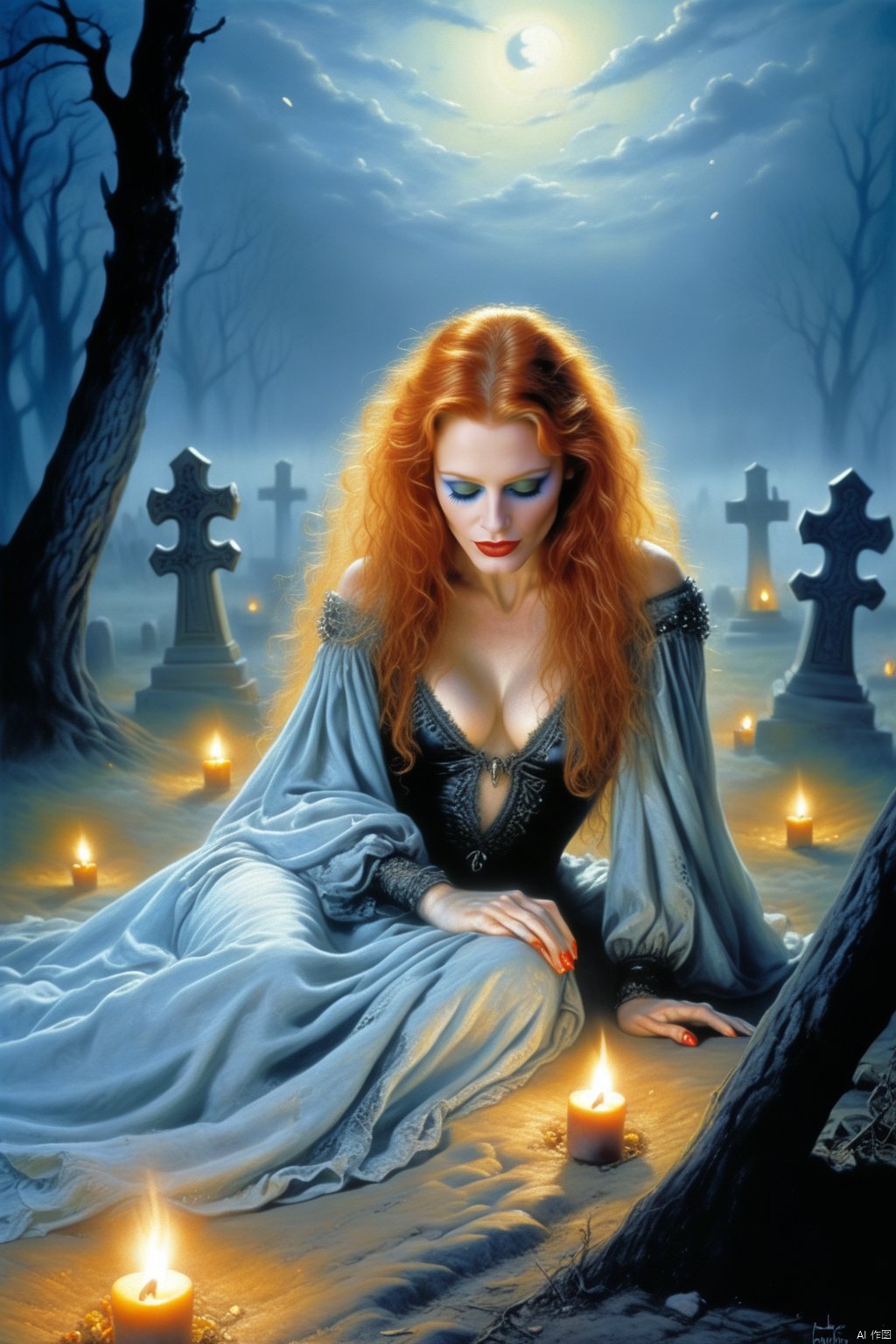 redheaded Corpse crawls out of the candlelit grave at midnight cemetery, art by Boris Vallejo and Luis Royo, a whimsical mystical world, intricate details, masterpiece, very artistic,perfect composition, impressionist very bold brushstrokes