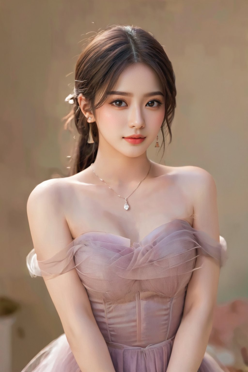 1girl, solo, looking at viewer, long hair, black hair, ponytail , dress, bare shoulders, brown eyes, jewelry, closed mouth, upper body, earrings, necklace, random color dress, lips, strapless, makeup, realistic