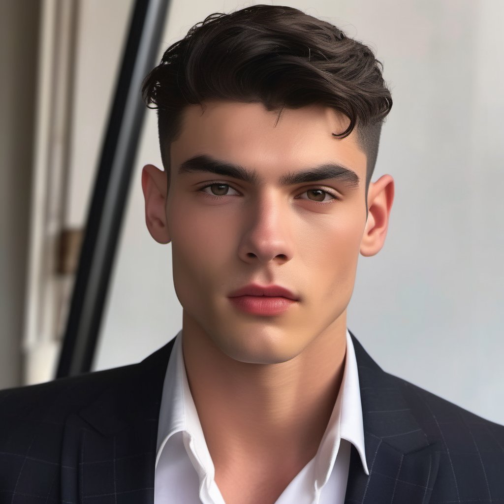 GQ, handsome french teen man, 90s, corporate, business man, suit and tie, thick eyebrows, punk, stubble, hot, black hair, buzz cut, youthful, boy band, simple background, Masterpiece, male model,

8k, cinematic lighting, very dramatic, very artistic, soft aesthetic, innocent, realistic, masterpiece, ((perfect anatomy): 1.5), best resolution, maximum quality, UHD, life with detail, analog, cinematic moviemaker style