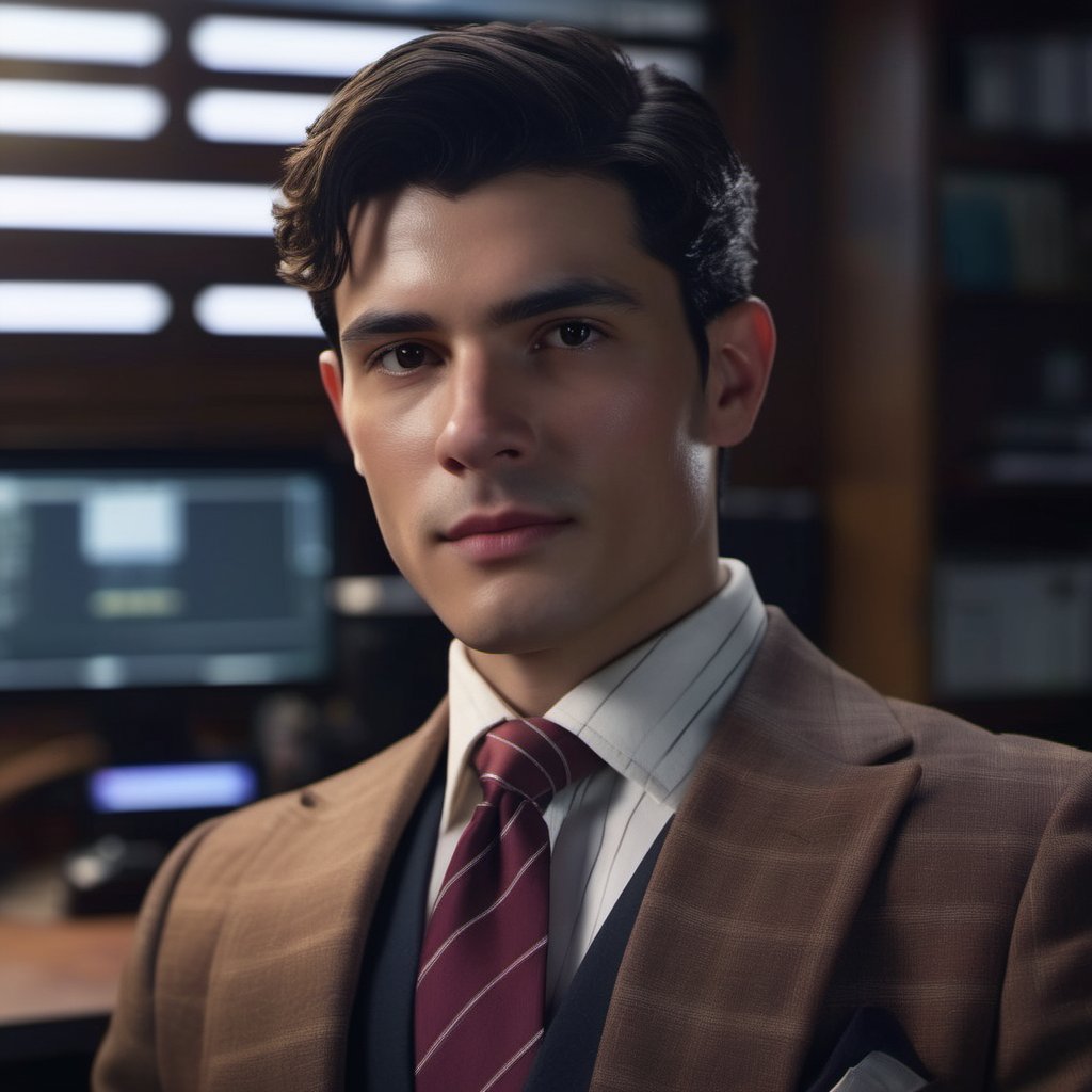 solo, looking at viewer, black hair, 1boy, brown eyes, suit, white shirt, upper body, necktie, striped, collared shirt, mustache, formal, brown jacket, office, handsome, 

8k, cinematic lighting, very dramatic, very artistic, soft aesthetic, innocent, realistic, masterpiece, ((perfect anatomy): 1.5), best resolution, maximum quality, UHD, life with detail, analog, cinematic moviemaker style