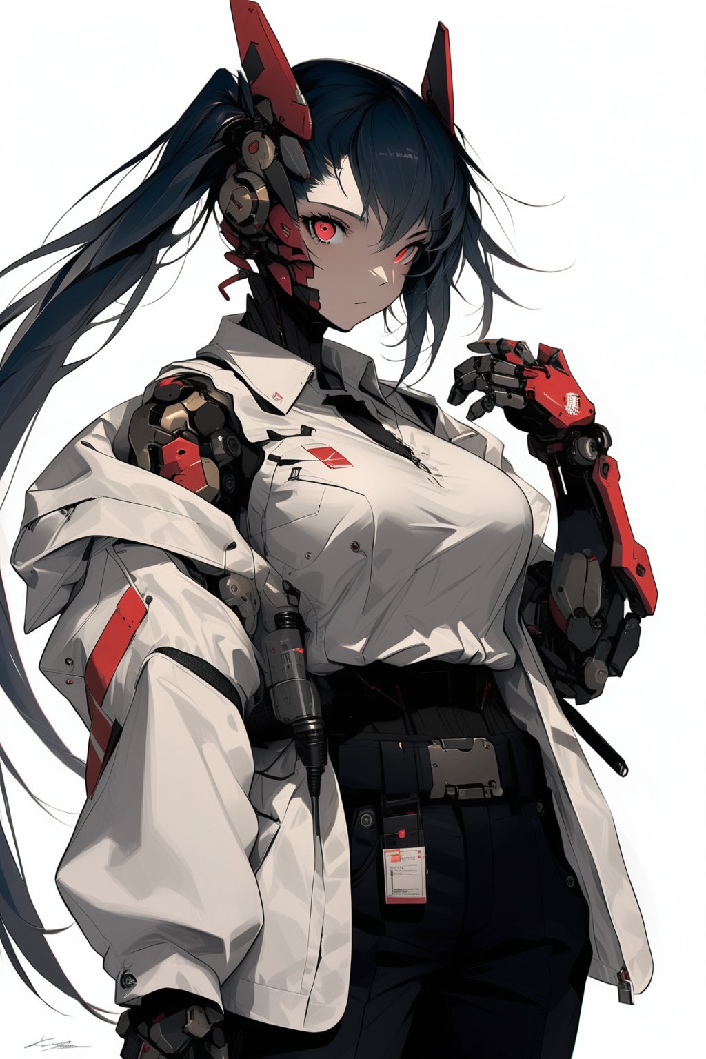 masterpiece, best quality, aesthetic,cyborg, 1girl, solo, red eyes, black hair, long hair, jacket, pants, breasts, white background, looking at viewer, shirt, cowboy shot, robot joints, open clothes, headgear, belt, glowing, medium breasts, open jacket, simple background, single mechanical arm, standing, long sleeves, white jacket, signature, realistic, twintails