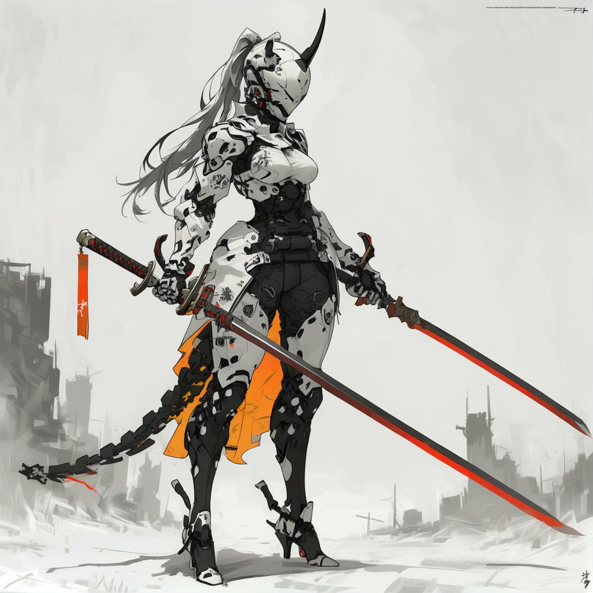 masterpiece, best quality, aesthetic, 
cyborg, weapon, sword, 1girl, holding, holding weapon, holding sword, katana, horns, standing, solo, ponytail, helmet, dual wielding, long hair, full body, breasts, high heels, sheath, monochrome, tail, spot color, signature, medium breasts, gun, grey background