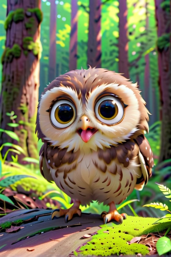 little owl, cute, adorable, fluffy fur, flying, forest. big head and eyes, small body, realistic, ultra detail, natural, detailed face, real light and shadow, 3D cartoon, Disney Pixar style. 