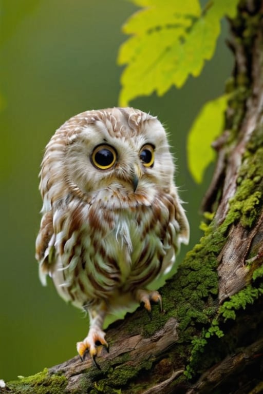 
(masterpiece, best quality: 1.1), (animal), high resolution, (ultra detailed), (only: 1.5), high quality background, animal_focus, Cute and adorable little white owl, bird, hiding itself behind the giant tree, It poked its head out from the tree, forest, sunny day. 