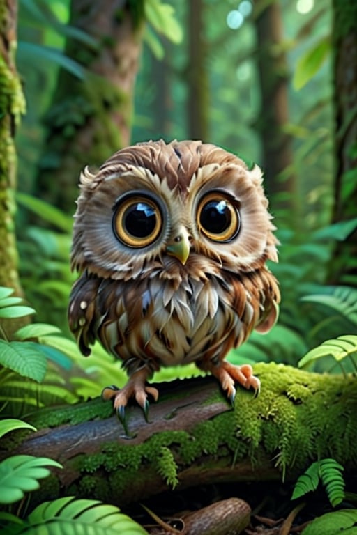 (best quality, 4k, 8k, highres, masterpiece:1.2), ultra-detailed, (realistic, photorealistic, photo-realistic:1.37), animal, little owl, adorable, cute, fluffy fur, happy expression, small size, joyful, fun-loving, fantastic magic forest background, detailed face, (detailed face). 3D cartoon Disney Pixar, big eyes and head, small body. 