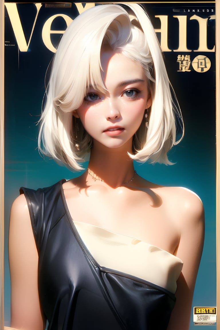 1girl, solo, upper body, white hair, lips, traditional media, reality, pop idol magazine, title font "New Lora Is Coming", attractive cover with beauty characters,jpop cover 80s,金髮女的笑容,棕捲髮美女,戀愛感,海邊泳裝少女,陽光少女,Fusion monster