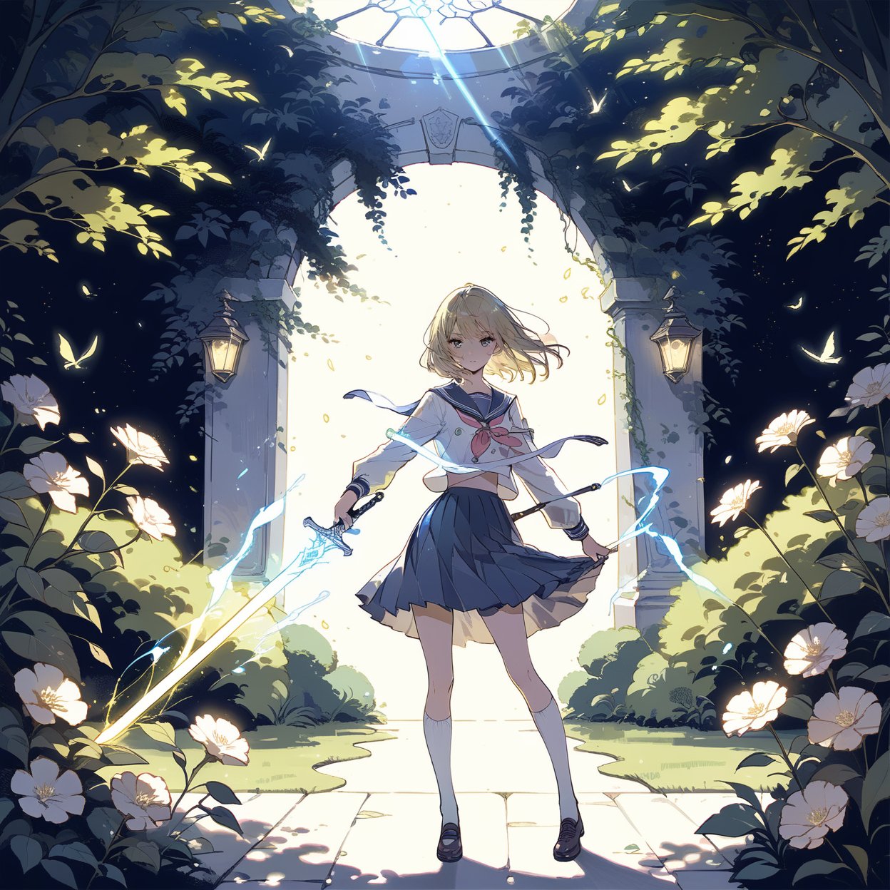 masterpiece, best quality, aesthetic, 
glowing sword, 1girl, solo, serafuku, school uniform,  garden, holding sword, white glowing sword