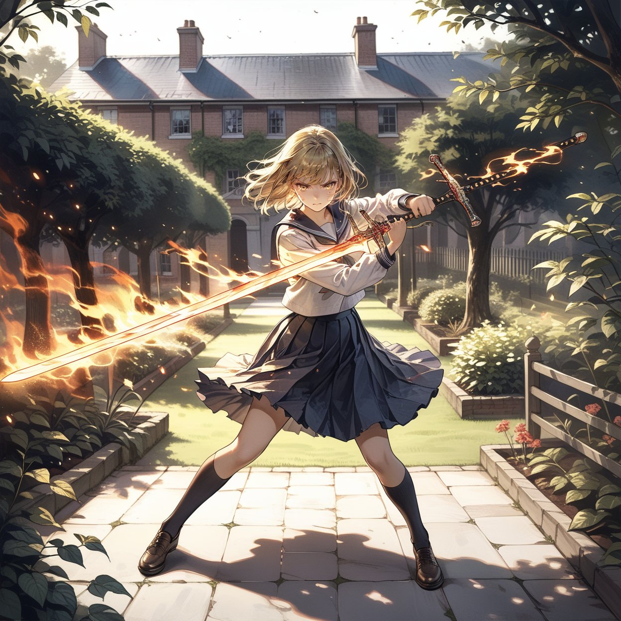 masterpiece, best quality, aesthetic, realistic, raw photo,
glowing sword, 1girl, solo, serafuku, school uniform,  garden, holding sword, glowing sword, flaming sword, battle stance, fighting stance