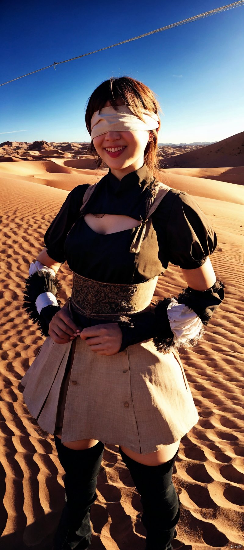 score_9, score_8_up, score_7_up beautiful aesthetic, very intricate, high quality details, 2b \(nier:automata\), blindfold light smile, looking at viewer ,cinematic lighting, cowboy shot outdoors, ruins, desert,2B costume,Ai Uehara,Kyoko fukada