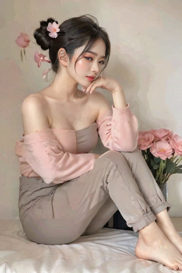 1girl, solo, breasts, black hair, sitting, closed eyes, flower, barefoot, pants, hair bun, blurry, feet, sideboob, profile, black pants, single hair bun, pink flower, realistic, holding flower