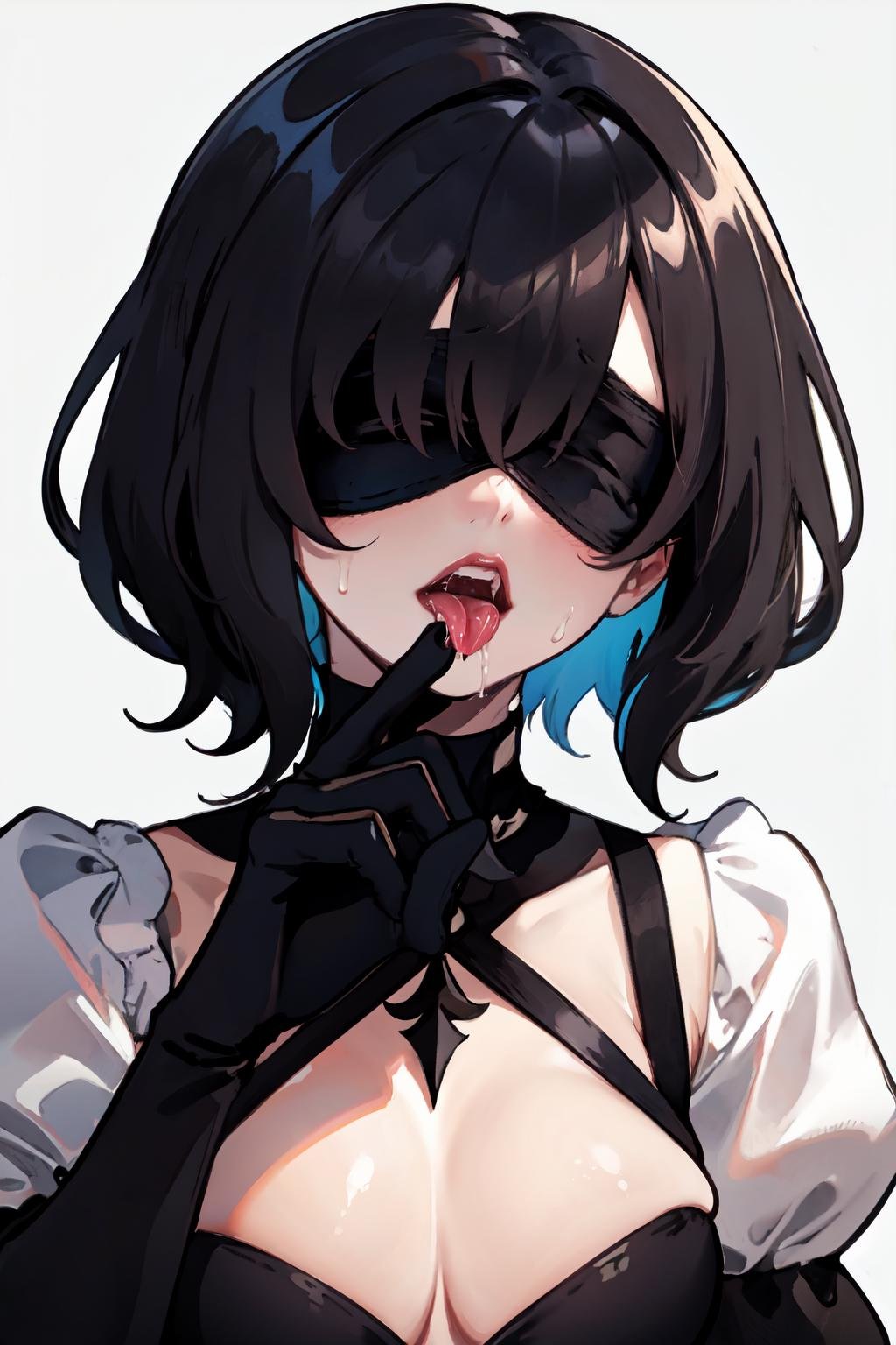 nyantcha style, split-color hair[white hair,black hair], medium hair, saliva trail, tongue, tongue out, cleavage cutout, clothing cutout, black blindfold, white background,  saliva, dark persona, 1girl, black dress, simple background,cleavage, solo,  drooling, dress,gloves, black hair, black gloves, blindfold, puffy sleeves, heavy breathing  <lora:nyantcha_style:1>