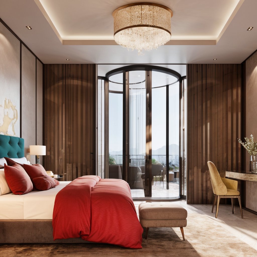 Luxury interior, interior, bedroom,glass doors and windows,photorealistic, natural light, scenery, best quality, masterpiece,Interior,luxury interior