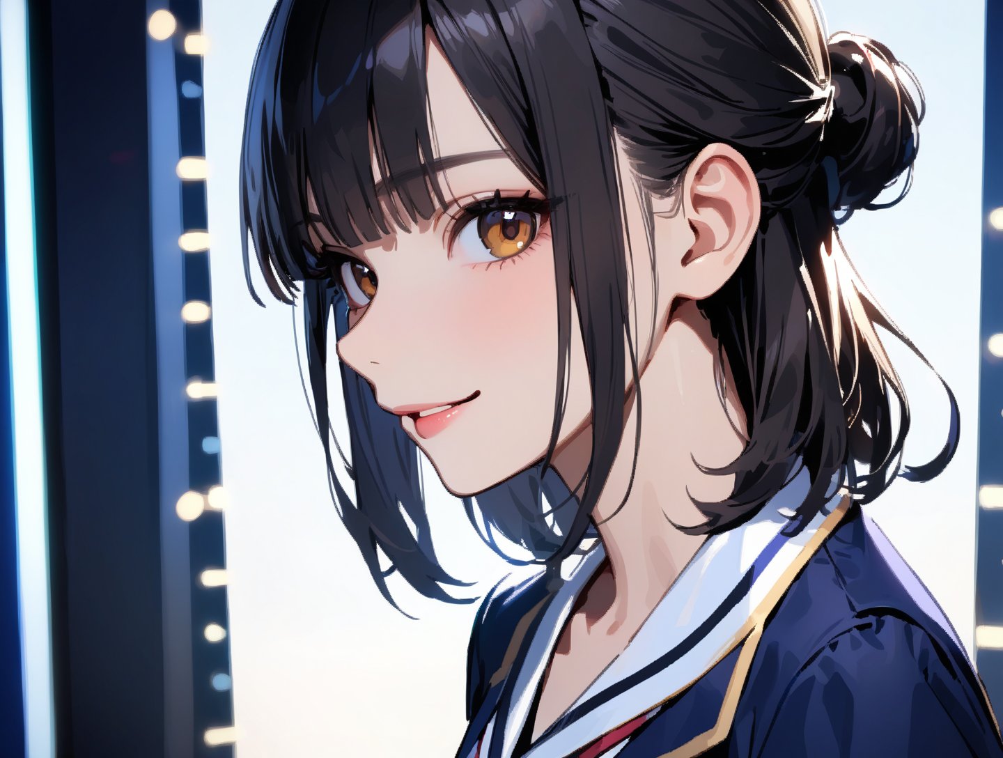 best quality, masterpiece, extremely detailed, 1girl, solo, smile,looking at viewer, bangs, blunt bangs, half updo, black hair, medium hair,standing, upper body,school uniform, navy jacket,white shirts,sky,Cinematographic lighting, from side,cool girl