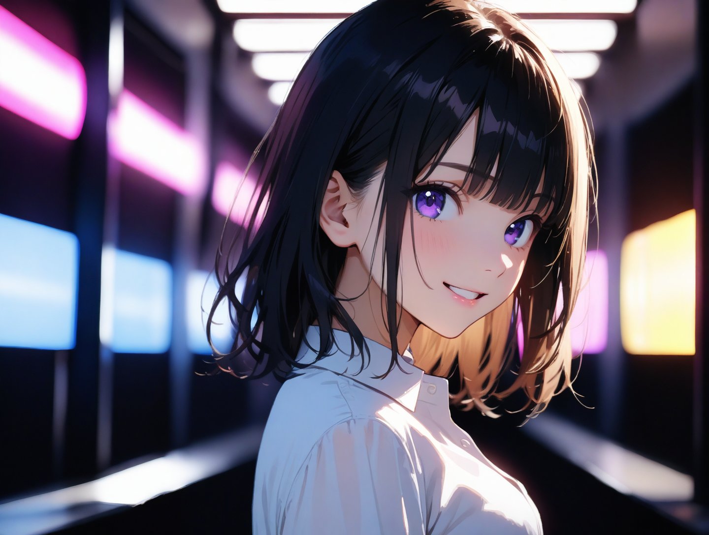 best quality, masterpiece,1girl, solo, smile,looking at viewer, bangs, blunt bangs, black hair, medium hair,standing, upper body, dress_shirt,,white dot shirts,sky,Cinematographic lighting, from side,cool girl,anime face,