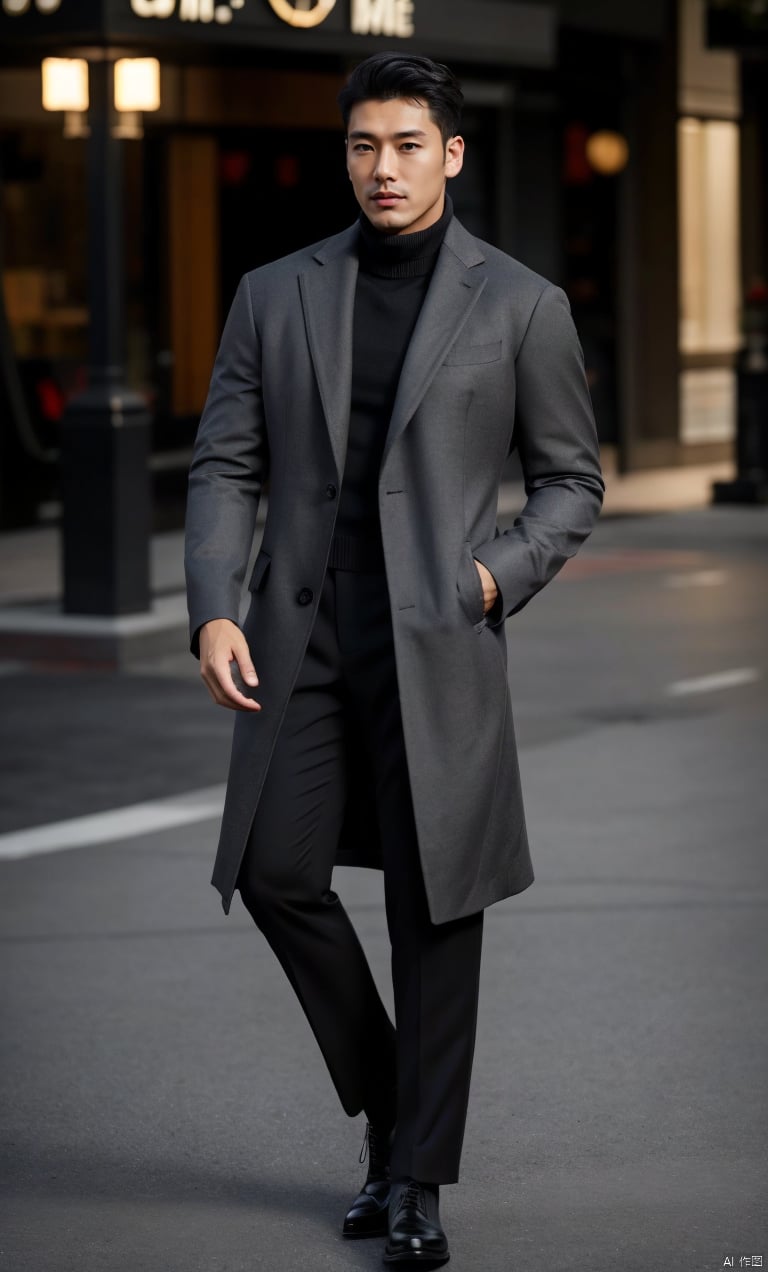  jznssuit,1man,male focus,asian,exquisite facial features,handsome,black coat, grey pants, turtleneck,Volumetric lighting,blurry,full body,outdoors,masterpiece,realistic,best quality,highly detailed,Ultra High Resolution, jzns, jznssw