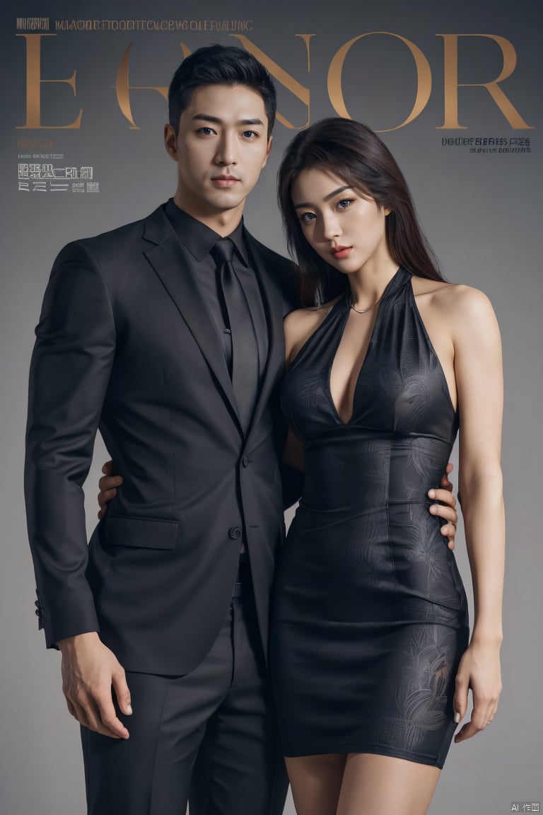 👫,a Handsome man and a sexy woman hugging together,standing,Asian,exquisite facial features,(muscular man wearing formal suit), (slim woman wearing black halter dress black print pantyhose), face to face, affectionate, charming eyes,(simple background), graceful yet melancholic posture,fluorescent light,double exposure,Canon 5d mark 4,Depth of field 270mm,elaborate,fine artistic composition,fabulous colors,very inspirational,complex artistic color composition,masterpiece, realistic, best quality, highly detailed,jzns,plns,Magazine cover,brxu,lly