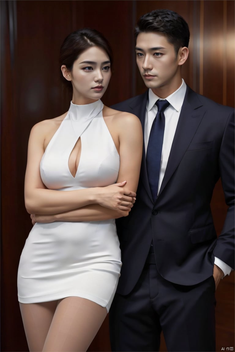 👫,a Handsome man and a sexy woman hugging together,standing,Asian,exquisite facial features,(muscular man wearing formal suit), (slim woman wearing halter dress,glossy pantyhose), face to face, affectionate, charming eyes,(simple background), graceful yet melancholic posture,fluorescent light,double exposure,Canon 5d mark 4,Depth of field 270mm,elaborate,fine artistic composition,fabulous colors,very inspirational,complex artistic color composition,masterpiece, realistic, best quality, highly detailed,jzns,plns,plnssw,jm