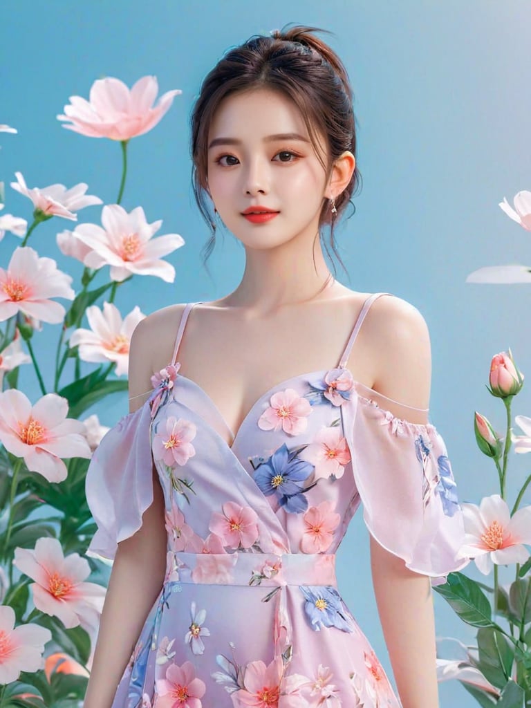 1girl beauty is standing on the flower,the facial details are perfect,and the character details are exquisite,trendy fashion clothes,trendy portraits,bright colors,clean background,3D cartoon style rendering,Panoramic view,large aperture,pop Mart production,delicate gloss,8K gradient translucent glass melt,frosted glass