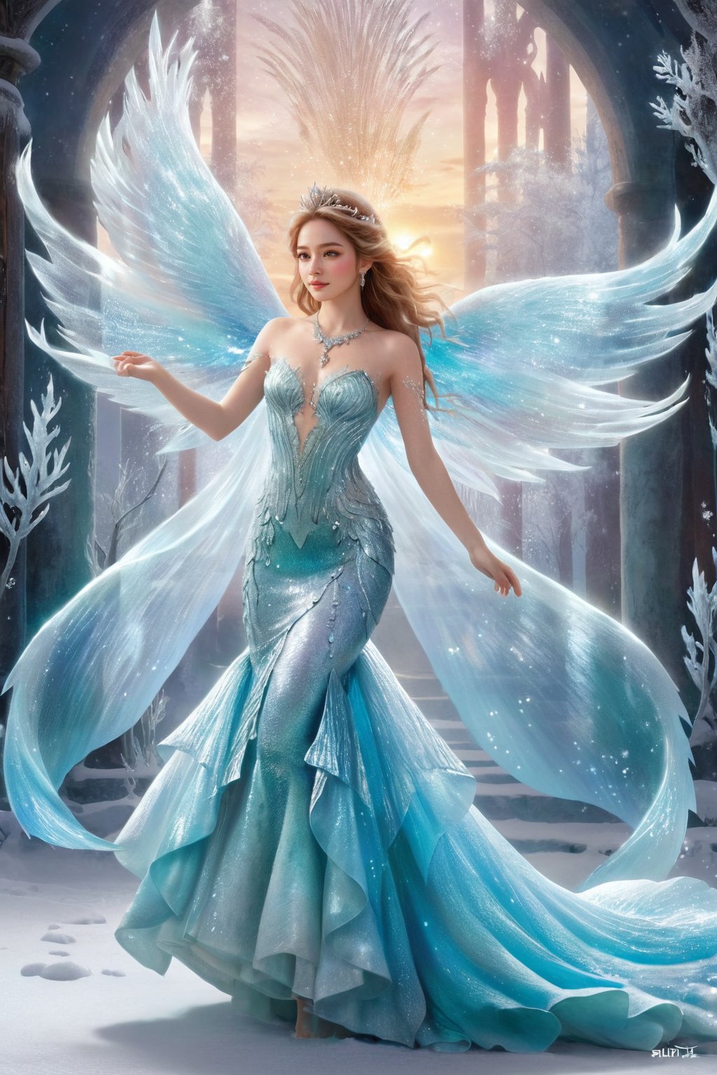 Snow_Angel, Frozen, ((The Mermaid)), ((best quality)), ((masterpiece)), ((realistic)), ((18-year-old girl as a snow angel princess in a fantasy golden throne room, frozen, mystic fog, frost flowers)), In the grandeur of a throne room, an 18-year-old girl embodies the enchantment of a snow angel princess. Adorned with elegant earrings, intricate jewelry, and a tribal tattoo, she exudes a sense of regality and grace. Her flowing hair, infused with a radiant glow, cascades around her, accentuated by an ethereal ice hair ornament and a necklace fashioned from glistening ice. Her sharp eyes captivate with a blend of determination and wisdom. Draped in a dress of ice, she personifies the beauty and power of the frozen realm. The throne room, adorned with golden ornaments and surrounded by an icy atmosphere, emanates an otherworldly charm. Swirling fog and the cold permeate the air, creating an ambiance of mystique. A large watch prominently displays the passage of time, a symbol of her royal lineage. Paintings and lush plants add touches of color amidst the frozen surroundings, while water flows gracefully, mirroring the princess's elegance. Ice shards glimmer and sparkle, reflecting light and emitting delicate sparks, guided by the whims of the wind. The blurry background and bokeh lend a dreamlike quality to the scene, accentuated by gentle sidelight that casts a soft glow on her face. Against a light backdrop, the composition showcases the Tyndall Effect, infusing the air with a captivating vibrancy. The vibrant colors and meticulous attention to detail make this artwork a true cinematic masterpiece, capturing the majesty, beauty, and magic of the snow angel princess in her icy domain. (Haircut model by Wispy bangs, possed is Running pose, sharp dark brown, shooting angle is Wide-angle view, time is Low-Key Lighting),LinkGirl,full body, high_school_girl