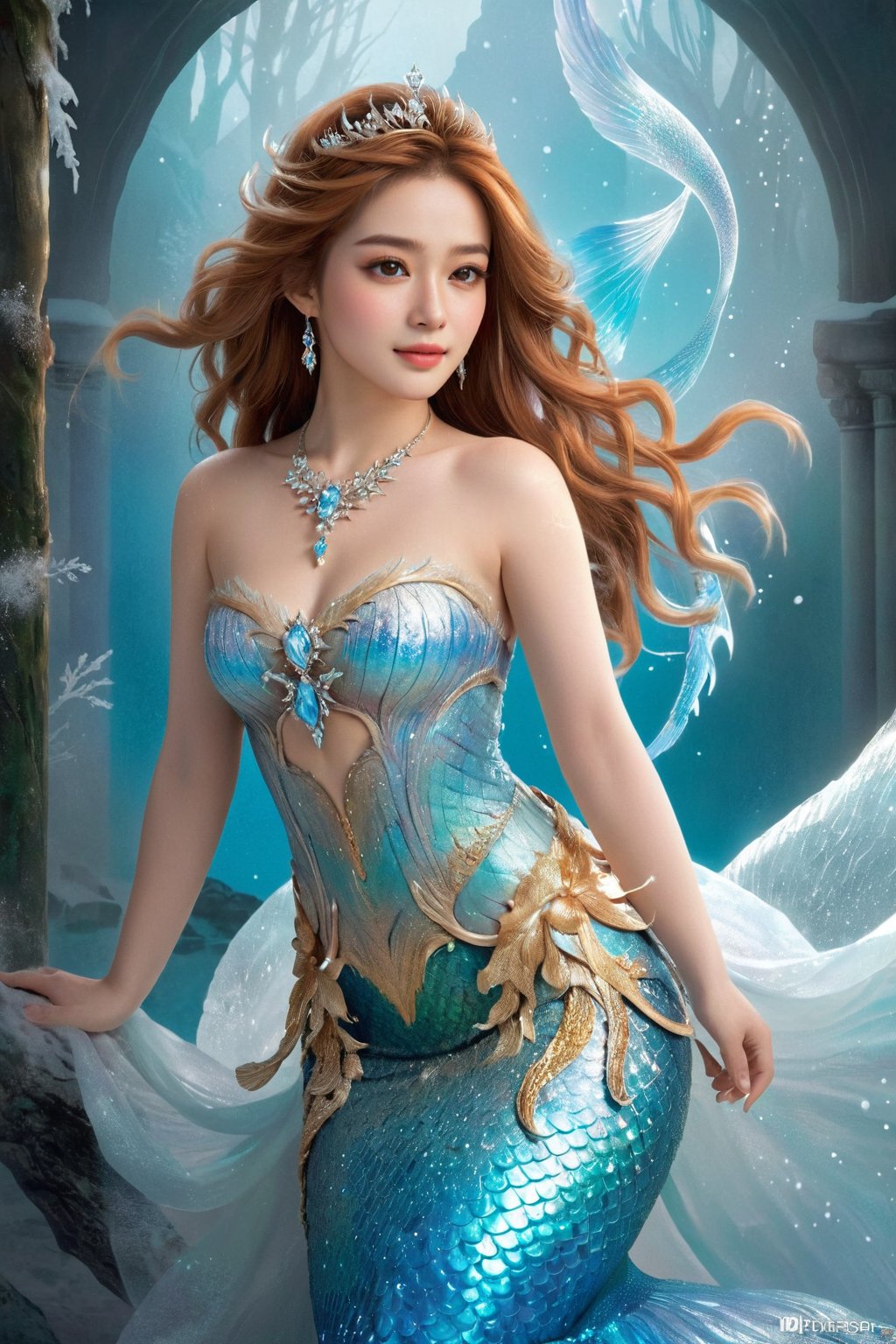 Snow_Angel, Frozen, ((The Mermaid)), ((best quality)), ((masterpiece)), ((realistic)), ((18-year-old girl as a snow angel princess in a fantasy golden throne room, frozen, mystic fog, frost flowers)), In the grandeur of a throne room, an 18-year-old girl embodies the enchantment of a snow angel princess. Adorned with elegant earrings, intricate jewelry, and a tribal tattoo, she exudes a sense of regality and grace. Her flowing hair, infused with a radiant glow, cascades around her, accentuated by an ethereal ice hair ornament and a necklace fashioned from glistening ice. Her sharp eyes captivate with a blend of determination and wisdom. Draped in a dress of ice, she personifies the beauty and power of the frozen realm. The throne room, adorned with golden ornaments and surrounded by an icy atmosphere, emanates an otherworldly charm. Swirling fog and the cold permeate the air, creating an ambiance of mystique. A large watch prominently displays the passage of time, a symbol of her royal lineage. Paintings and lush plants add touches of color amidst the frozen surroundings, while water flows gracefully, mirroring the princess's elegance. Ice shards glimmer and sparkle, reflecting light and emitting delicate sparks, guided by the whims of the wind. The blurry background and bokeh lend a dreamlike quality to the scene, accentuated by gentle sidelight that casts a soft glow on her face. Against a light backdrop, the composition showcases the Tyndall Effect, infusing the air with a captivating vibrancy. The vibrant colors and meticulous attention to detail make this artwork a true cinematic masterpiece, capturing the majesty, beauty, and magic of the snow angel princess in her icy domain. (Haircut model by Wispy bangs, possed is Running pose, sharp dark brown, shooting angle is Wide-angle view, time is Low-Key Lighting),LinkGirl,full body, high_school_girl