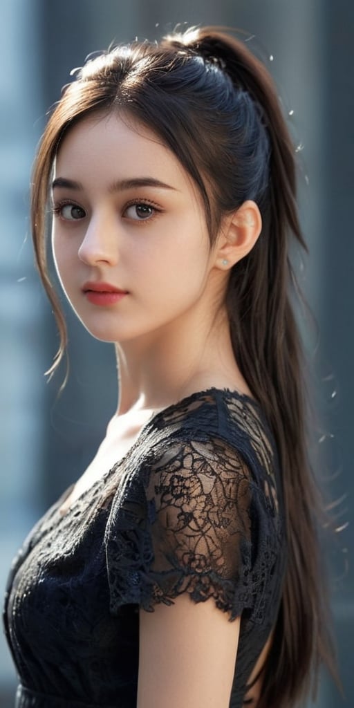 ((Generate hyper realisticimage of a stunning  20 year old girl,)) rich intrincate detailed, black lace dress, long dark hair in a ponytail, meaningful colors,16k resolution, masterpiece, highly complex setting,dynamic lighting, breathtaking, lovely photography style, Extremely Realistic,