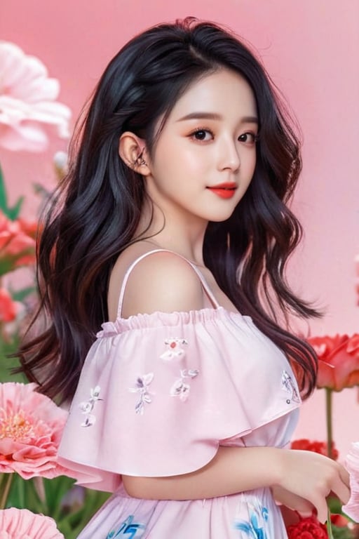 1girl , wavy hair, black hair, beauty is standing on the flower,the facial details are perfect,and the character details are exquisite,trendy fashion clothes,trendy portraits,bright colors,clean background,3D cartoon style rendering,Panoramic view,large aperture,pop Mart production,delicate gloss,8K gradient translucent glass melt,frosted glass