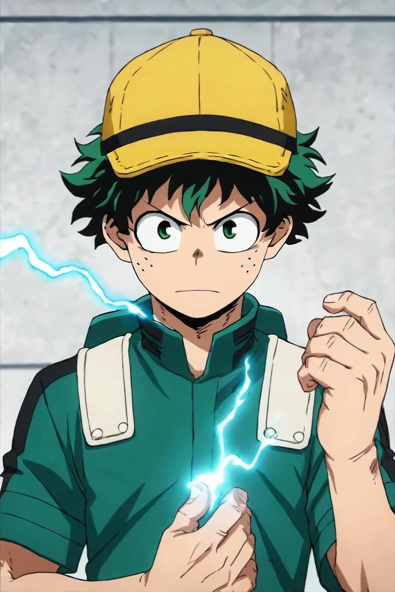 score_9, score_8_up, score_7_up, score_6_up, score_5_up, score_4_up, BREAK source_anime, anime screencap, anime coloring, , looking at viewer, upper body, , 1boy, solo, male focus, <lora:izuku_midoriya_pony:0.76>, izuku_midoriya, , electricity, henley, trucker hat, , One hand raised, seeking attention, <lora:sdxl_lightning_8step_lora:1>