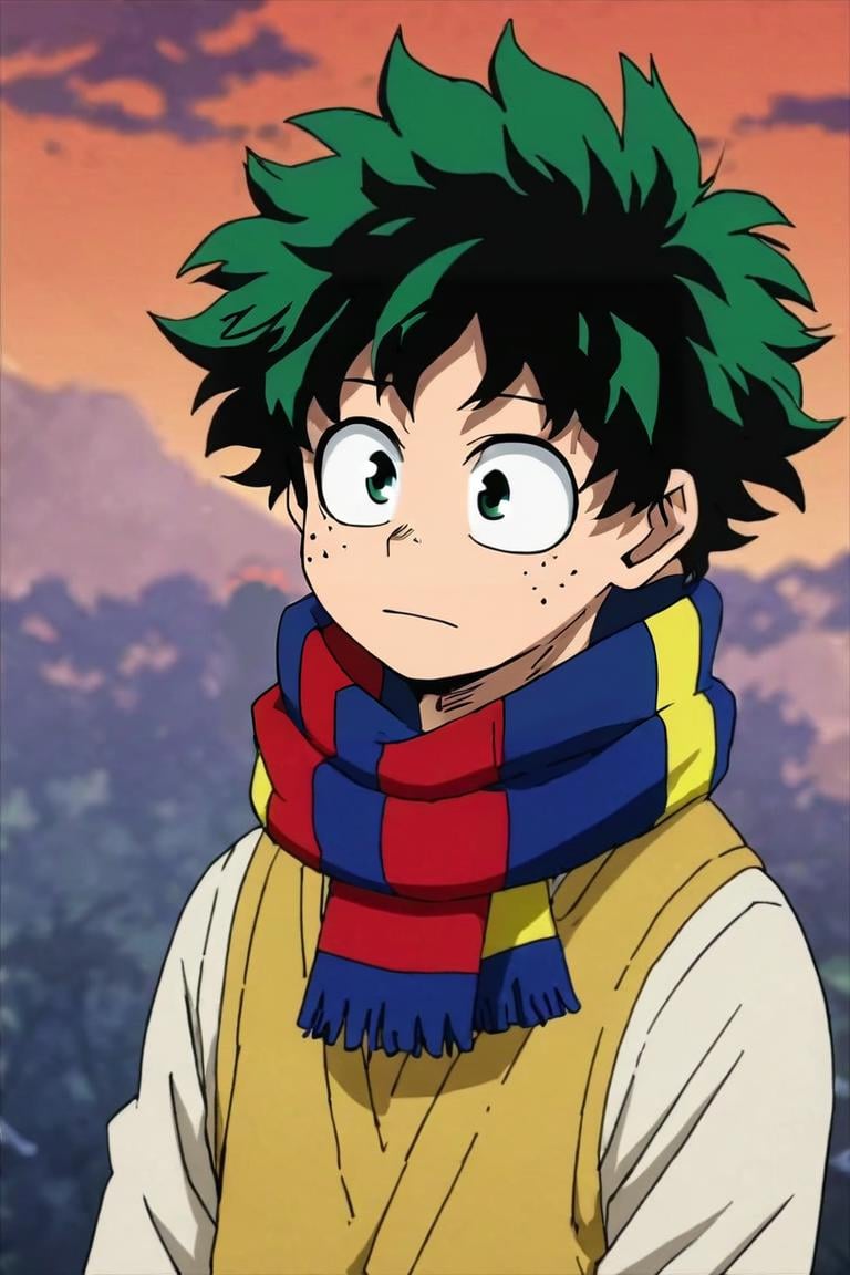 score_9, score_8_up, score_7_up, score_6_up, score_5_up, score_4_up, BREAK source_anime, anime screencap, anime coloring, , , upper body, depth of field, 1boy, solo, male focus, <lora:izuku_midoriya_pony:0.88>, izuku_midoriya, green hair, green eyes, short hair, freckles, , scarf, , A tropical paradise where the sun shines brightly every day, , <lora:sdxl_lightning_8step_lora:1>