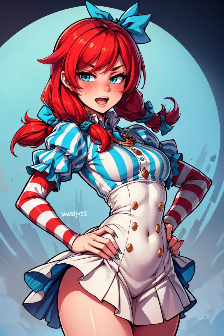 ((masterpiece,best quality)), absurdres,<lora:Wendy_Wendys:0.8>,wendy (wendys),red hair, blue eyes, blush,..., bow, buttons, dress,  fingernails, gem, hair bow, hands on own hips, long hair, looking at viewer, open mouth, puffy sleeves, red eyes, sharp fingernails, smug, striped, vertical stripes