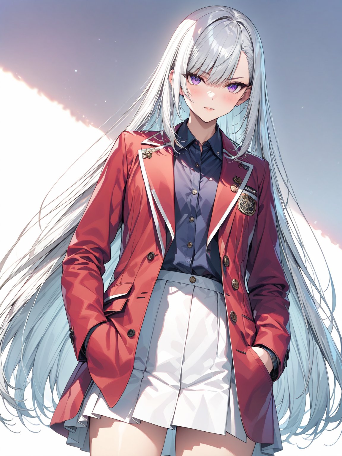 //Character, solo, 1girl, white hair, purple eyes,
//Fashion, school uniform, red jacket, 
//Background, simple background, 
//Quality, (masterpiece), best quality, ultra-high resolution, ultra-high definition, highres, intricate, intricate details, absurdres, highly detailed, finely detailed, ultra-detailed, ultra-high texture quality, natural lighting, natural shadow, dramatic shading, dramatic lighting, vivid colour, perfect anatomy, 
//Others, 